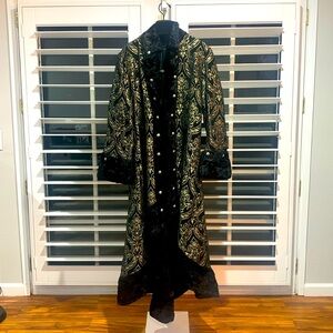 Samiah Gold and Black Brocade High Low Coat with Faux Fur Trim